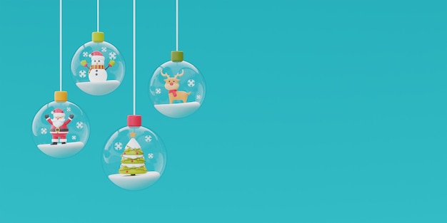 Palle di vetro appese al nastro con albero di pino pupazzo di neve di Babbo Natale e ornamento di Natale Buon Natale e felice anno nuovo rendering 3d