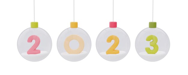 Palle di vetro appese su nastro con numero colorato 2023 Buon Natale e felice anno nuovo rendering 3d