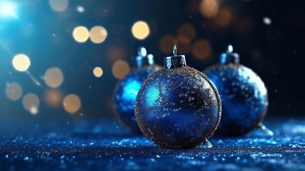 Palle festive di Natale dell'illustrazione con l'ornamento della decorazione sulle luci del bokeh sopra priorità bassa blu