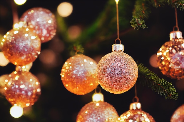 Palle illuminate d'oro come decorazione per lo sfondo di Natale