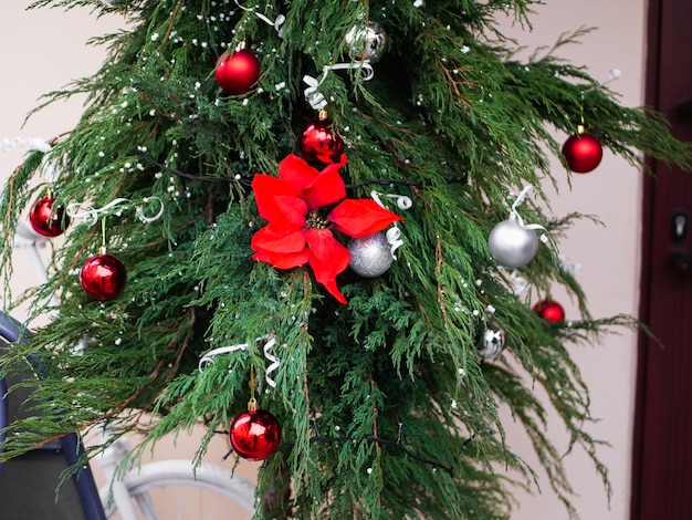 Palle rosse della ghirlanda che appendono sull'albero. Foto di alta qualità