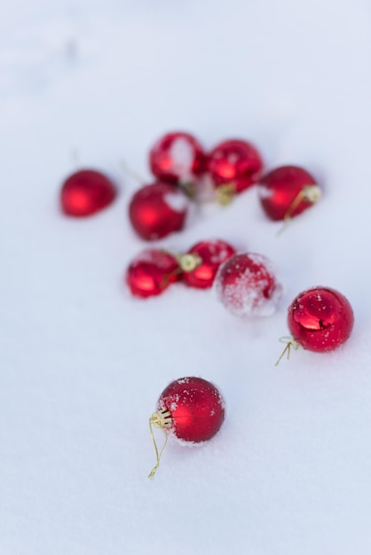 palle rosse di natale con lunghe ombre nella neve fresca in una bella giornata invernale di sole