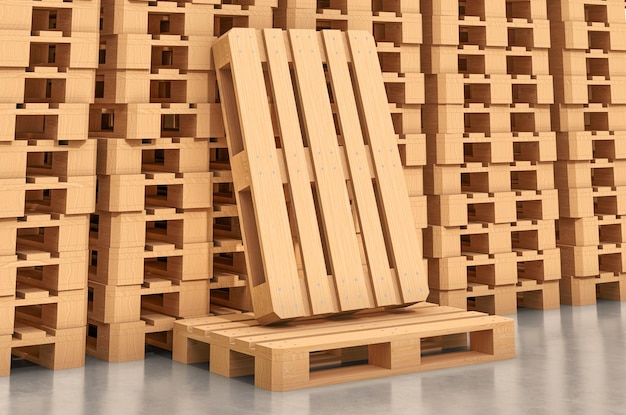 Pallet di legno nel rendering 3D del magazzino