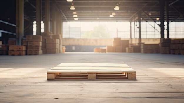 Pallet di legno vuoto su uno sfondo bianco sfocato del magazzino