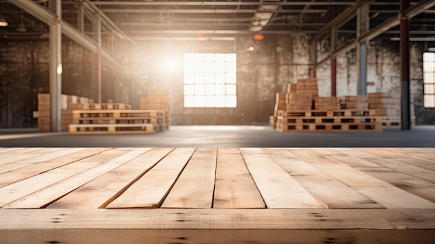 Pallet di legno vuoto su uno sfondo bianco sfocato del magazzino