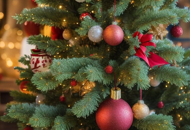 Pallina d'argento e di colore del fondo di festa di Natale che pende da un albero decorato con bokeh