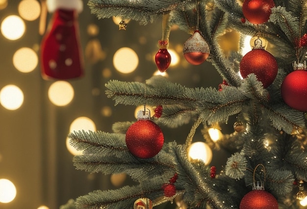 Pallina d'argento e di colore del fondo di festa di Natale che pende da un albero decorato con bokeh