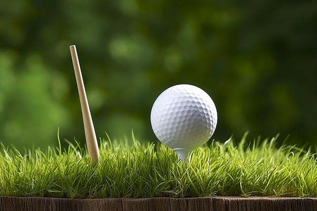 Pallina da golf bianca sul T di legno con erba