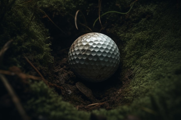 Pallina da golf in un buco in uno sfondo scuro
