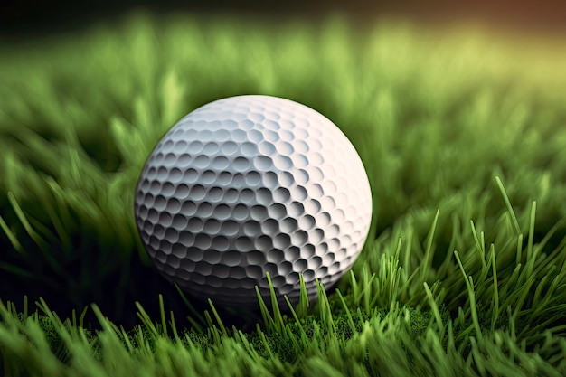 Pallina da golf sdraiata sul campo da golf in erba tagliata verde chiaro