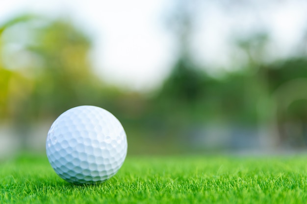 Pallina da golf su erba verde pronta a giocare al campo da golf