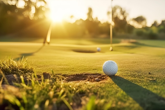 Pallina da golf su erba verde sullo sfondo sfocato del paesaggio del campo da golf al tramonto