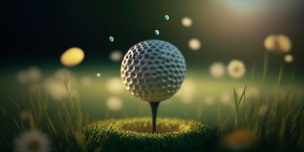 Pallina da golf sul campo verde con illustrazione effetto Bokeh