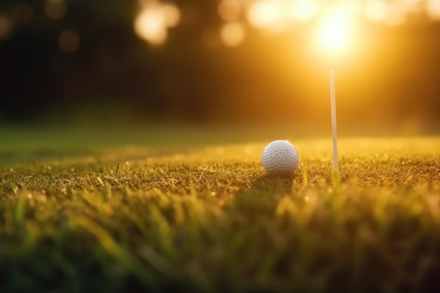 Pallina da golf sull'erba con il sole splendente IA generativa