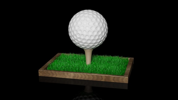 Pallina da golf sulla toppa di erba verde isolata su sfondo nero