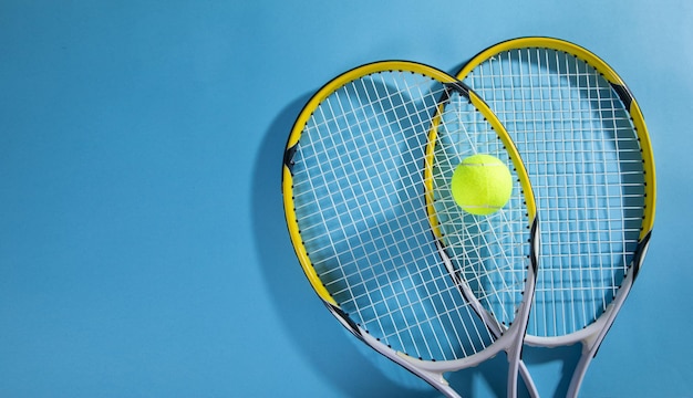 Pallina da tennis e racchette su sfondo blu