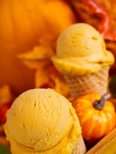 Pallina di gelato alla zucca gourmet in coni di cialda.