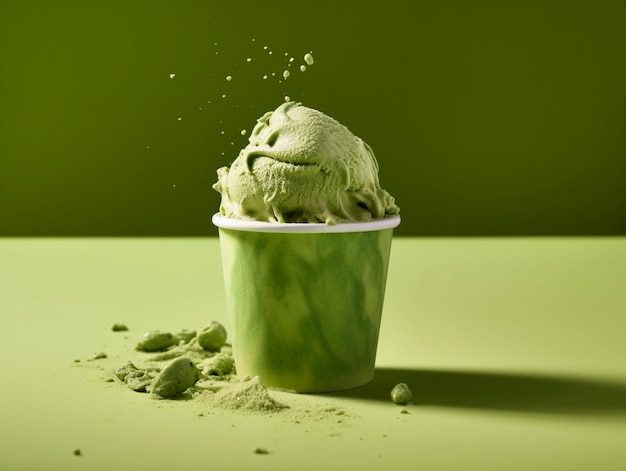 Pallina di gelato verde in una tazza di carta su sfondo verde