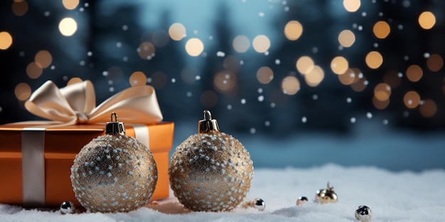 Pallina di Natale decorativa e regali sulla neve con spazio per la copia