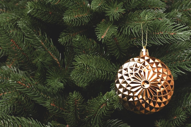 Pallina di Natale dorata d'ardore che appende su un albero di abete