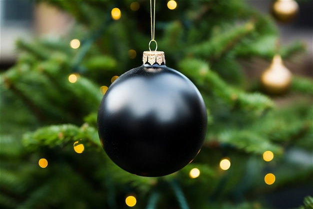 pallina nera sull'albero di Natale decorato in abete da vicino con spazio per la copia