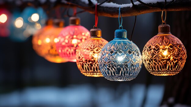 Palline al neon scintillanti traforate sull'albero di Natale con illuminazione festosa