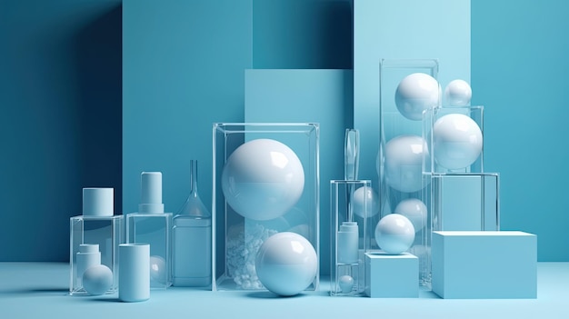 Palline blu e bianche in un contenitore di vetro