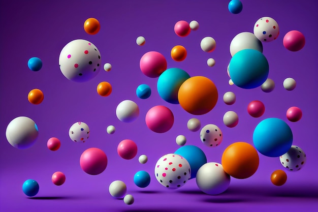 Palline colorate che saltano su uno sfondo viola sfondo astratto 3D Generativo ai