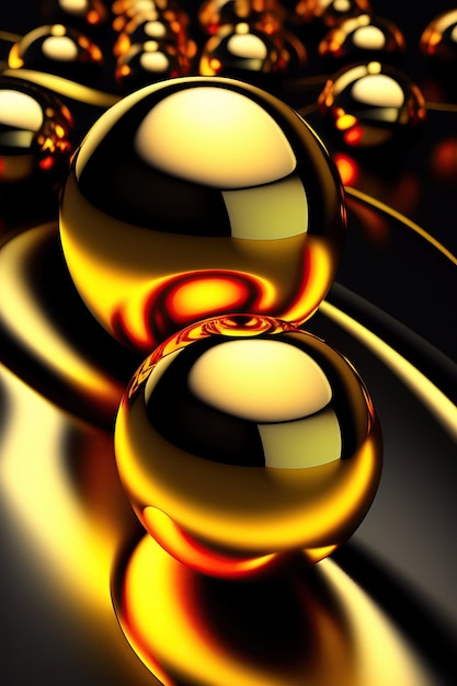 Palline d'oro lucenti cadono nel liquido nero Modello astratto Carta da parati futuristica