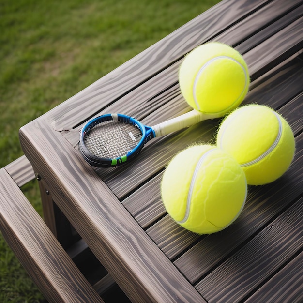 Palline da tennis e racchetta in panchina