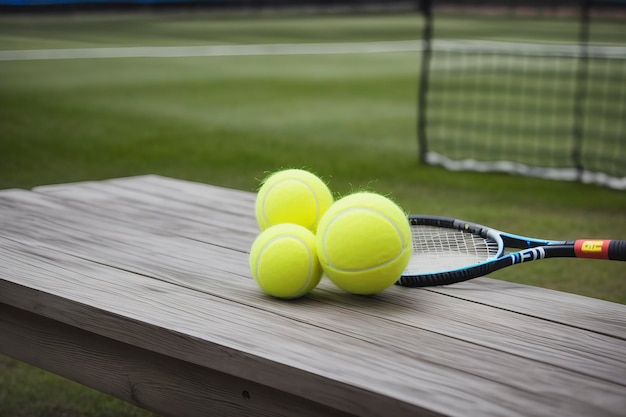 Palline da tennis e racchetta in panchina