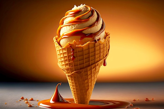 Palline di cono gelato alla vaniglia più delizioso con caramello che scorre