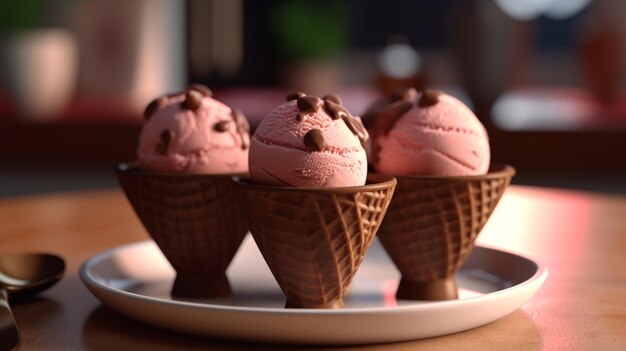 Palline di gelato al cioccolato in stoviglie di ceramica AI generativa