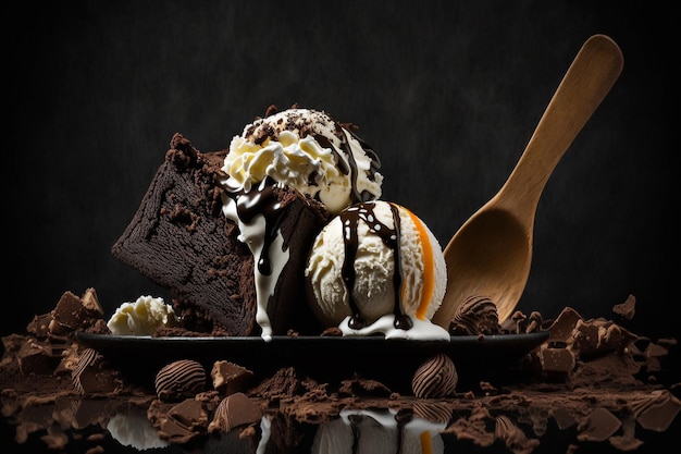 Palline di gelato alla vaniglia nell'illustrazione del cioccolato IA generativa