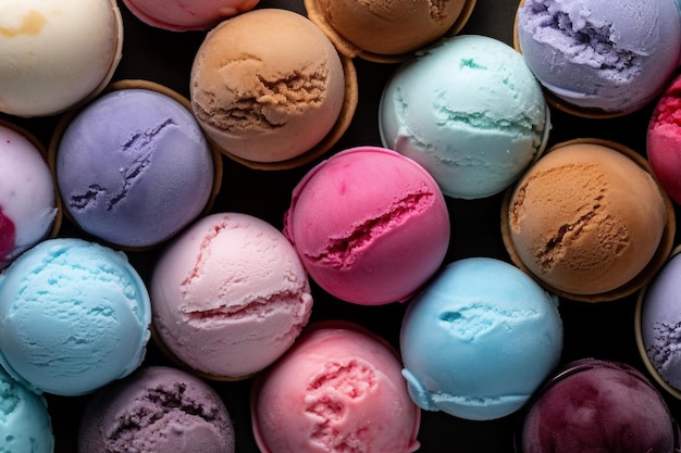 Palline di gelato colorate di diversi colori e sapori su uno sfondo blu con intelligenza artificiale generata