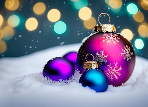 Palline di Natale o decorazioni su una neve su uno sfondo invernale luminoso