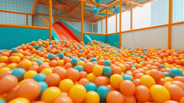 Palline di plastica colorate nella piscina della sala giochi per bambini piccoli Piscina per divertimento IA generativa