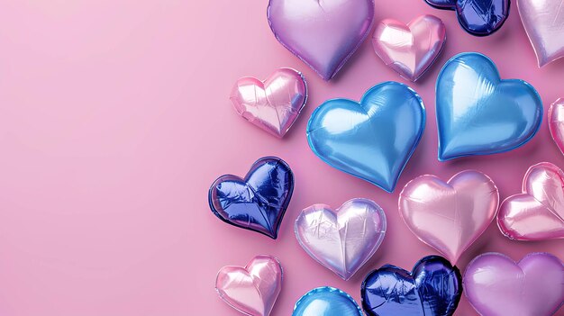 Palloncini a forma di cuore blu e rosa su sfondo rosa I palloncini sono realizzati con un materiale lucido e hanno una superficie riflettente