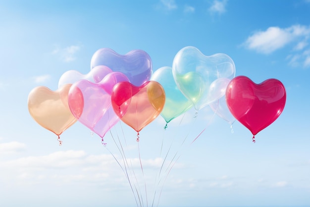 Palloncini a forma di cuore che fluttuano nel cielo blu