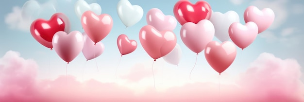 Palloncini a forma di cuore che volano sul cielo blu Bandiera del giorno di San Valentino Palloncini a colori pastello nell'aria