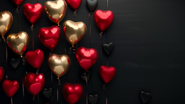 Palloncini a forma di cuore in rosso, nero e oro su uno sfondo scuro