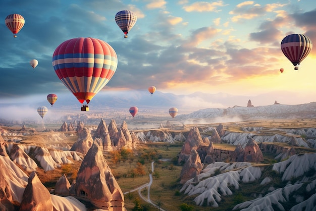 Palloncini ad aria calda che volano sopra la spettacolare Cappadocia in Turchia