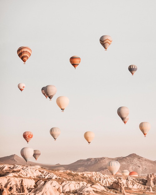 Palloncini ad aria calda che volano sul paesaggio contro il cielo