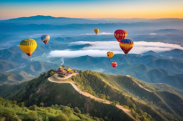 Palloncini ad aria calda colorati che volano sopra la montagna a Dot Inthanon a Chiang Mai, in Thailandia