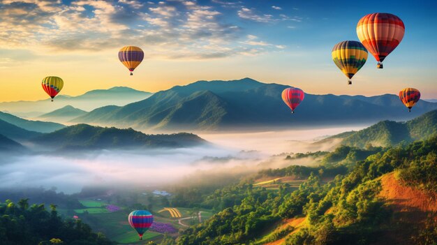 Palloncini ad aria calda colorati che volano sopra la montagna a Dot Inthanon a Chiang Mai, in Thailandia