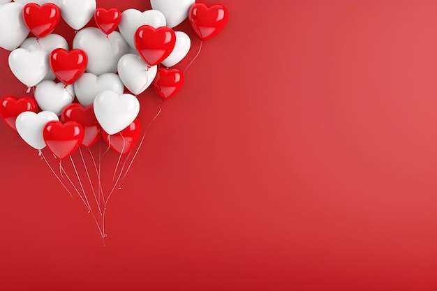 Palloncini bianchi e rossi a forma di cuore che volano su sfondo rosso Decorazione di palloncini a forma di cuore per biglietto di auguri di San Valentino, invito a nozze Amore e relazioni Banner di cuori d'amore