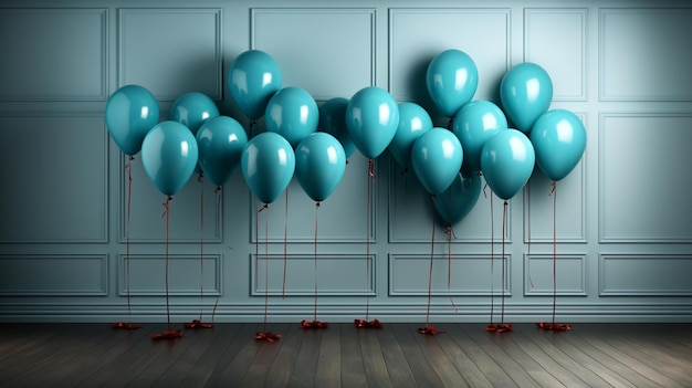 palloncini blu appesi sopra uno sfondo grigio nello stile del concettualismo minimalista