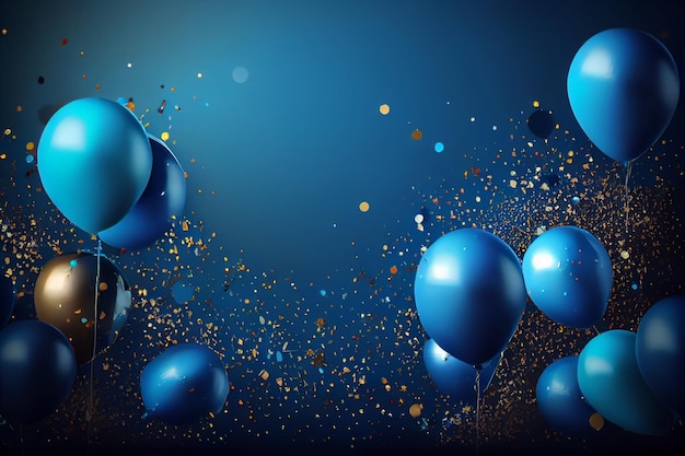 Palloncini blu con coriandoli su sfondo blu ai generativo