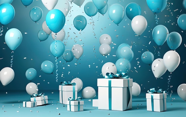 palloncini blu con coriandoli tra i regali e nello stile dei dettagli iperrealistici