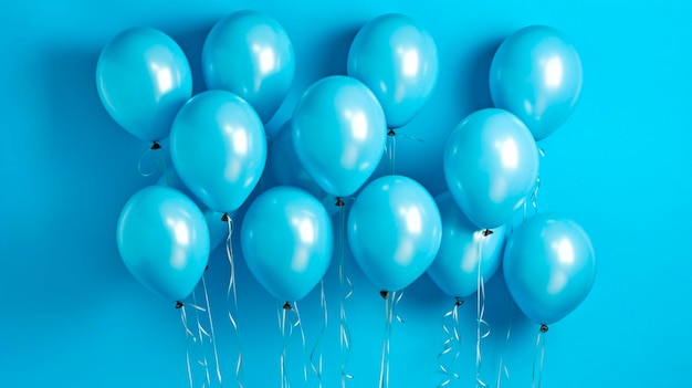 Palloncini blu di elio che galleggiano su uno sfondo blu AI generativa